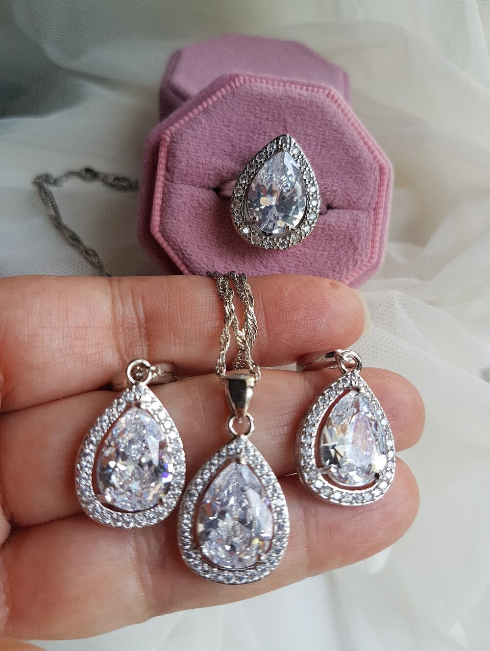 Swarovski Elements 925 Silver Large White Sapphire Teardrop Halo Earrings NEW - Picture 6 of 10